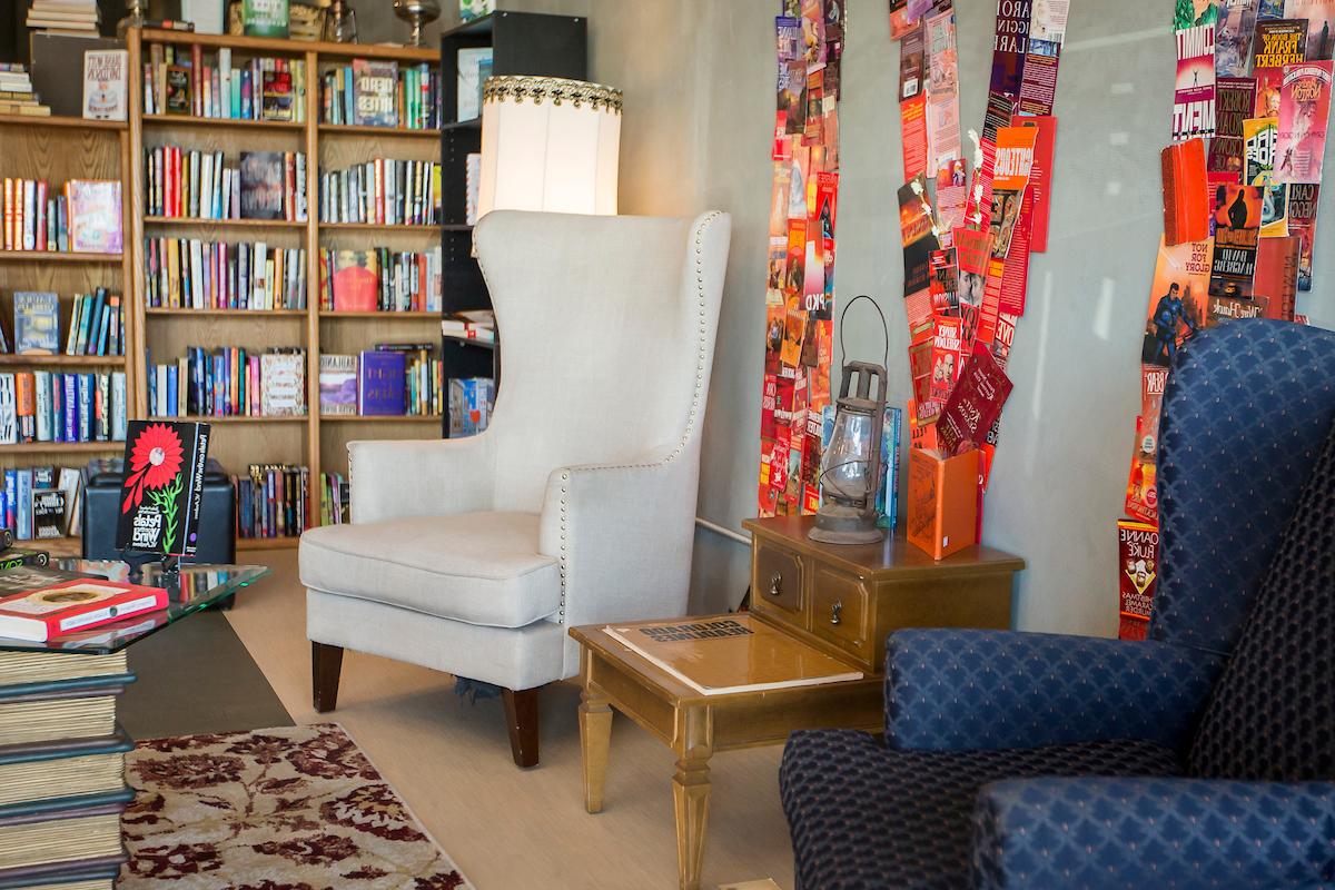 Bookshelves and chairs in Midnight Oil Bookstore