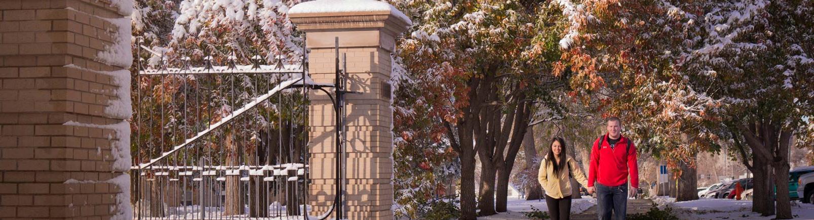 Couple holding hands near entrance to Cranford Park