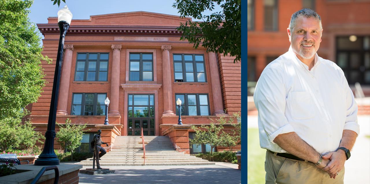 portrait of Ken Colwell beside a photo of the front entrance of Kepner Hall