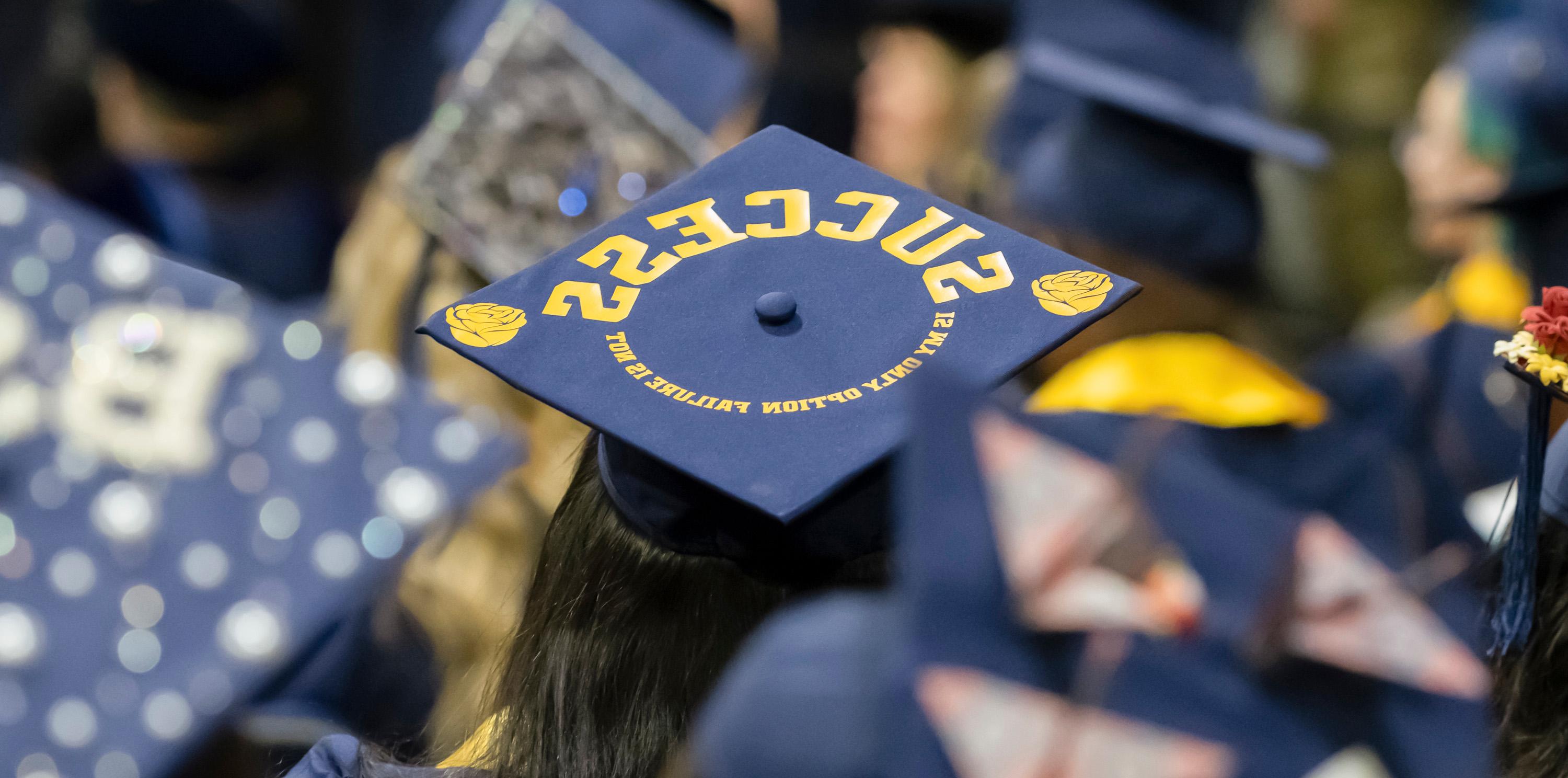 A graduation cap that has the word success written on it